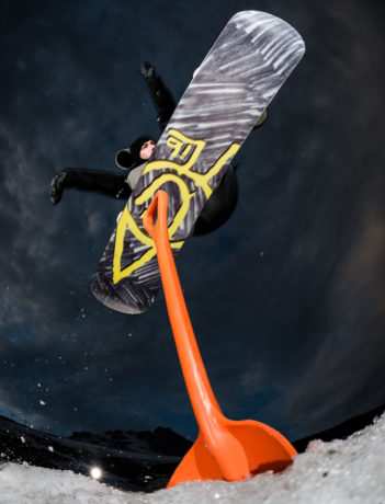 Signature Sessioner Jesse Burtner Jibbing a Shovel on his snowboard