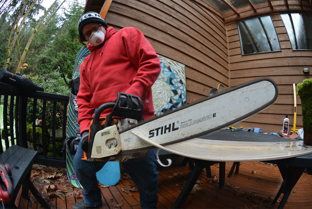 Matt Cummins shaping a Lib Tech Blank snowboard