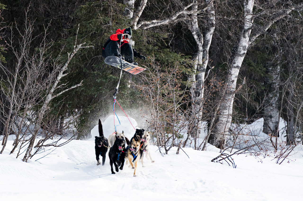 Chris Rasman snowboarding behind sled dogs